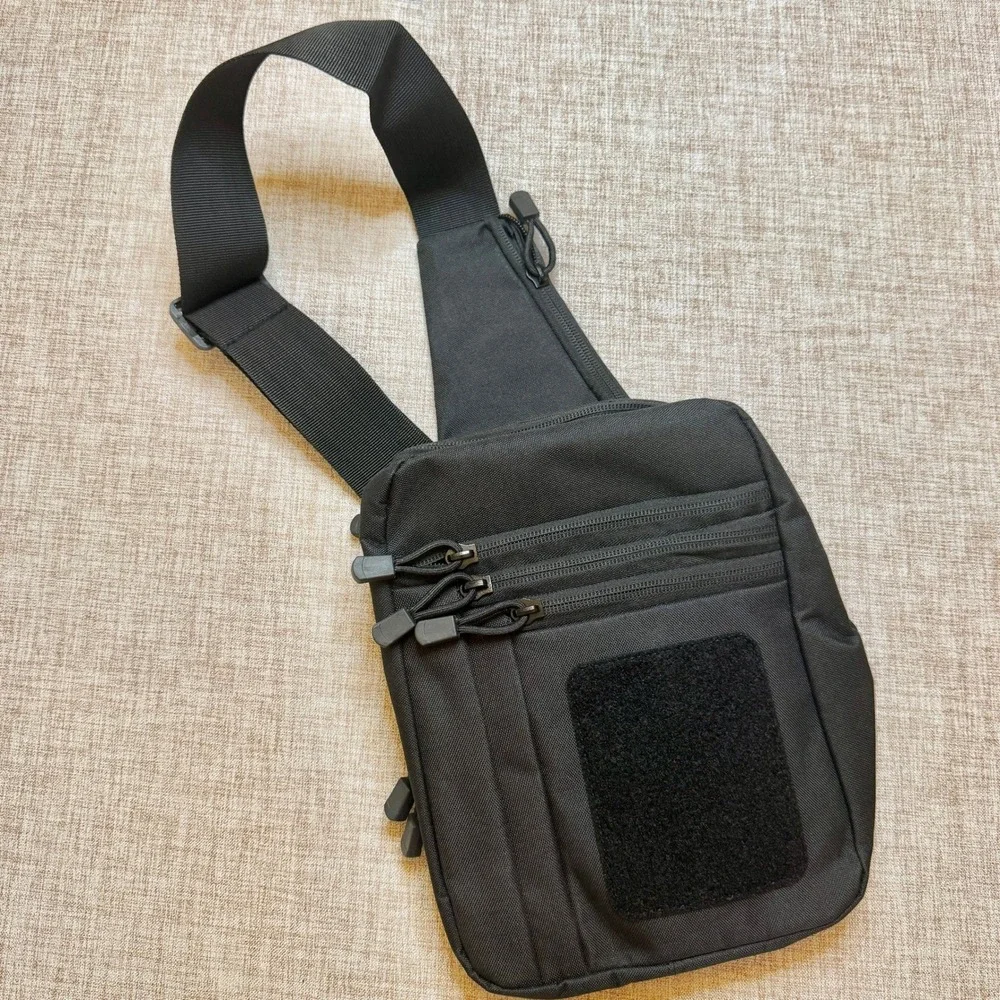 Tactical Sling Bag Black Crossbody Chest Pack with Holster and Patch Panel